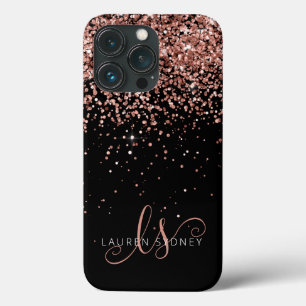 Glam Rose Gold Glitter Elegant Monogram iPhone 13 Pro Case