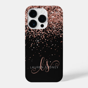 Glam Rose Gold Glitter Elegant Monogram iPhone 14 Pro Case