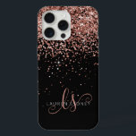 Glam Rose Gold Glitter Elegant Monogram iPhone 15 Pro Max Case<br><div class="desc">Glam Rose Gold Glitter Elegant Monogram iPhone Case. Easily personalise this trendy chic phone case design featuring elegant rose gold sparkling glitter on a black background. The design features your handwritten script monogram with pretty swirls and name.</div>