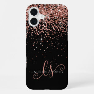 Glam Rose Gold Glitter Elegant Monogram iPhone 16 Plus Case