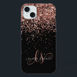 Glam Rose Gold Glitter Elegant Monogram iPhone 15 Plus Case<br><div class="desc">Glam Rose Gold Glitter Elegant Monogram iPhone Case. Easily personalise this trendy chic phone case design featuring elegant rose gold sparkling glitter on a black background. The design features your handwritten script monogram with pretty swirls and name.</div>