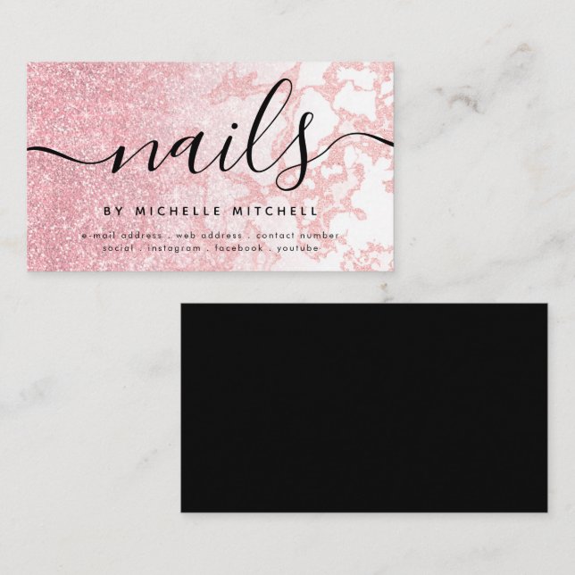 Glam Rose Gold Glitter Marble Nails Black  Business Card (Front/Back)