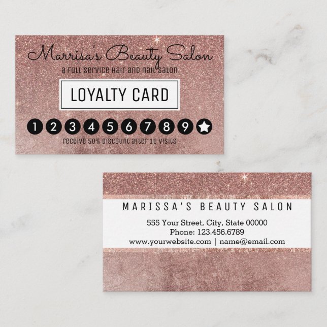 Glam Rose Gold Glitter Mesh Loyalty Discount Punch (Front/Back)