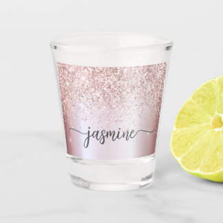 Glam Rose Gold Glitter Monogram Name Script Shot Glass