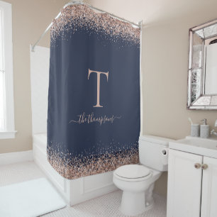 Glam Rose Gold Glitter Name Monogram Initial Navy Shower Curtain