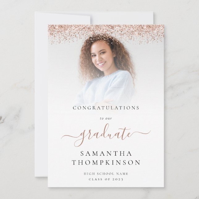 Glam Rose Gold Glitter Photo 2024 Graduation Announcement (Front)