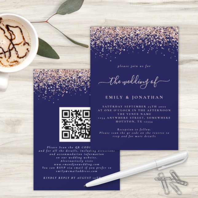 Glam Rose Gold Glitter QR Code Navy Blush Wedding Invitation (Creator Uploaded)