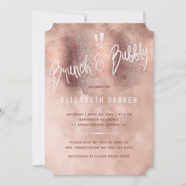 Glam rose gold glitter typography brunch & bubbly invitation (Front)