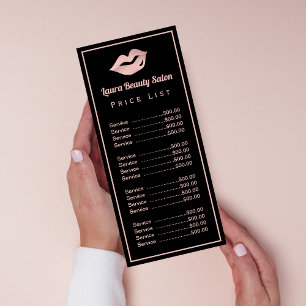 Glam Rose Gold Lips & Black Price List Services  Rack Card