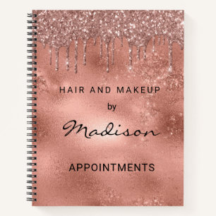 Glam Rose Gold Metal Glitter Drip Hair And Makeup Notebook