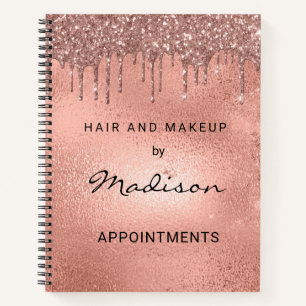 Glam Rose Gold Metal Glitter Drip Hair And Makeup Notebook