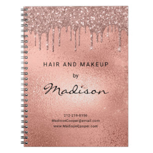 Glam Rose Gold Metal Glitter Drip Hair And Makeup Notebook