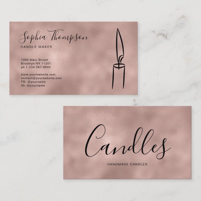 Glam Rose Gold Metallic Foil Handmade Candle Maker Business Card (Front/Back)