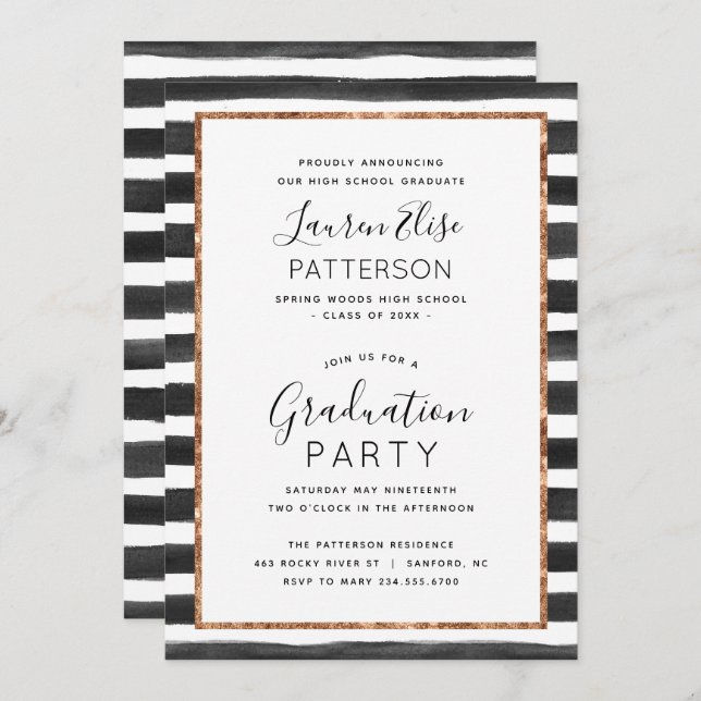 Glam Rose Gold Photo Graduation Party Invitation (Front/Back)