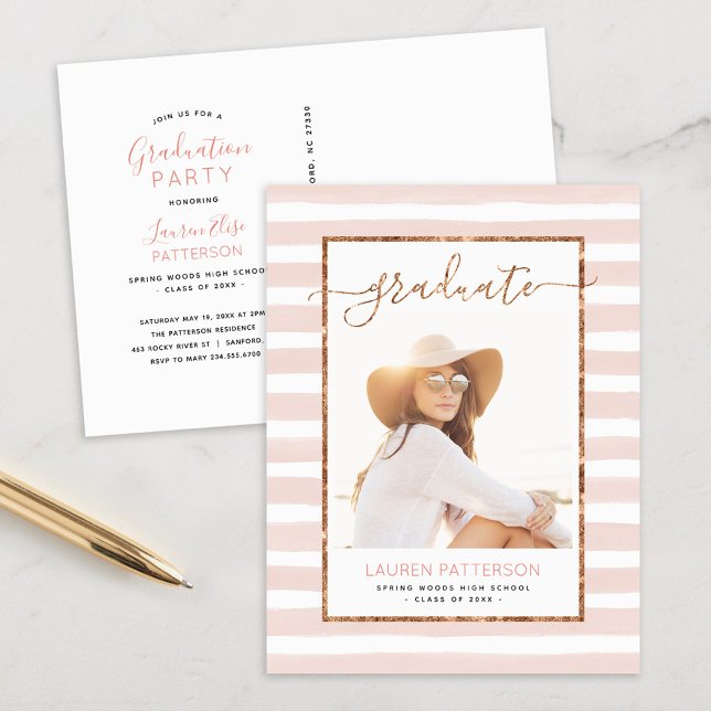 Glam Rose Gold Photo Graduation Party Invitation Postcard (Creator Uploaded)