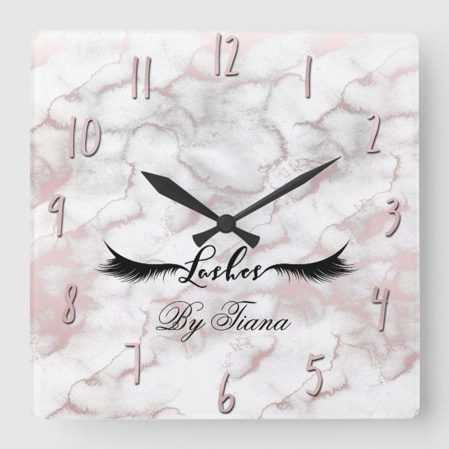 Glam Rose Gold Pink Marble Lashes Beauty Makeup Square Wall Clock (Front)