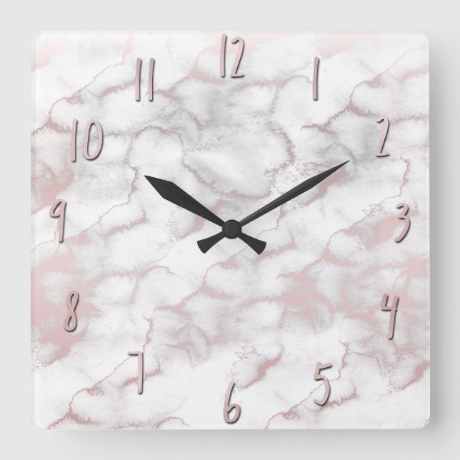 Glam Rose Gold Pink Marble Trendy Square Wall Clock (Front)