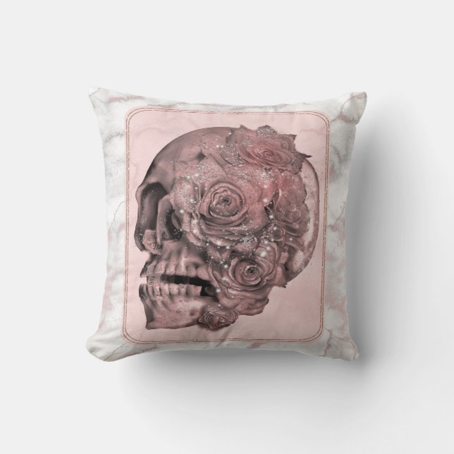 Glam Rose Gold Pink Skull Marble Cushion (Front)