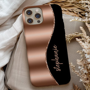 Glam Rose Gold Signature Faux Foil Wave Black iPhone 13 Case