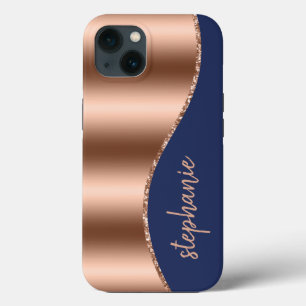 Glam Rose Gold Signature Faux Foil Wave Navy Blue iPhone 13 Case