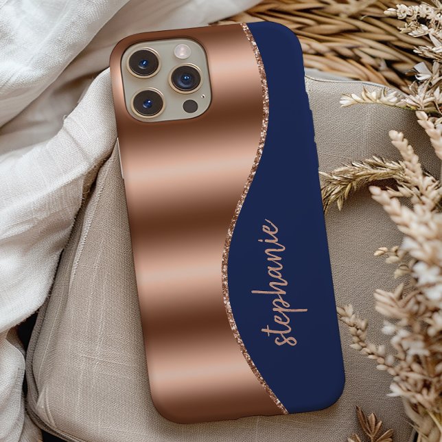 Glam Rose Gold Signature Faux Foil Wave Navy Blue Case-Mate iPhone Case (Creator Uploaded)