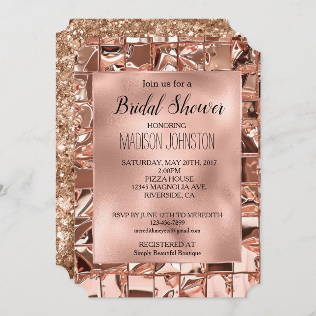 Glam Rose Gold Squares Glitter Bridal Shower Invitation (Front/Back)