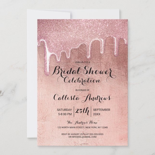 Glam Rose Gold Thick Glitter Drips Bridal Shower Invitation (Front)