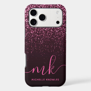 Glam Rose Pink Glitter Modern Script Monogram Name