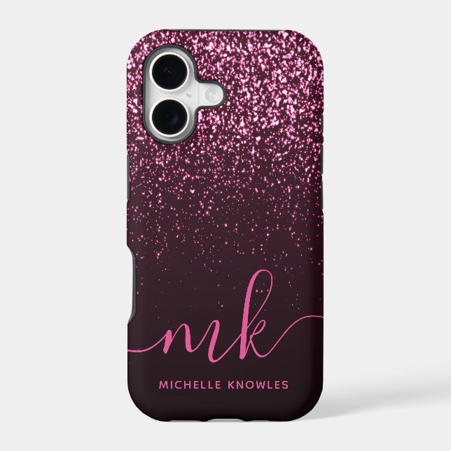 Glam Rose Pink Glitter Modern Script Monogram Name (Back)