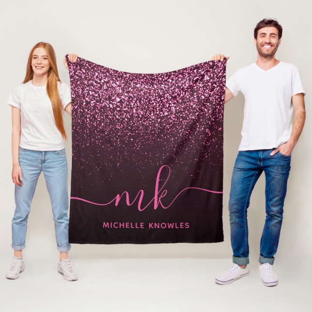 Glam Rose Pink Glitter Modern Script Monogram Name Fleece Blanket (In Situ)