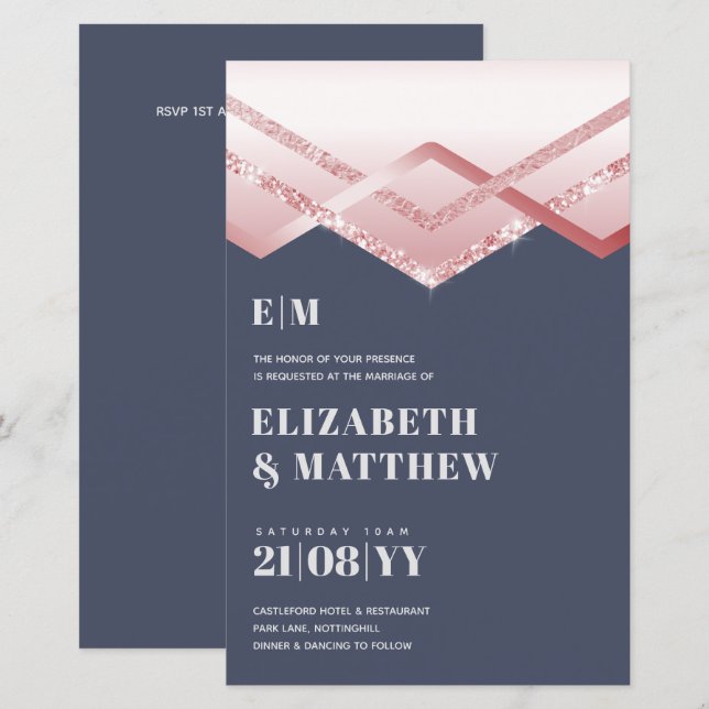 Glam Rosegold DECO Wedding Invite Modern Chic (Front/Back)