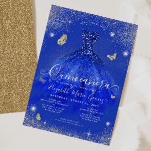 Glam Royal Blue Gold Glitter Gown Quinceanera Invitation
