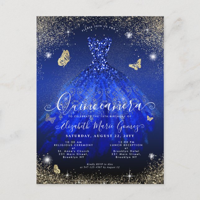 Glam Royal Blue Gold Glitter Gown Quinceanera Postcard (Front)