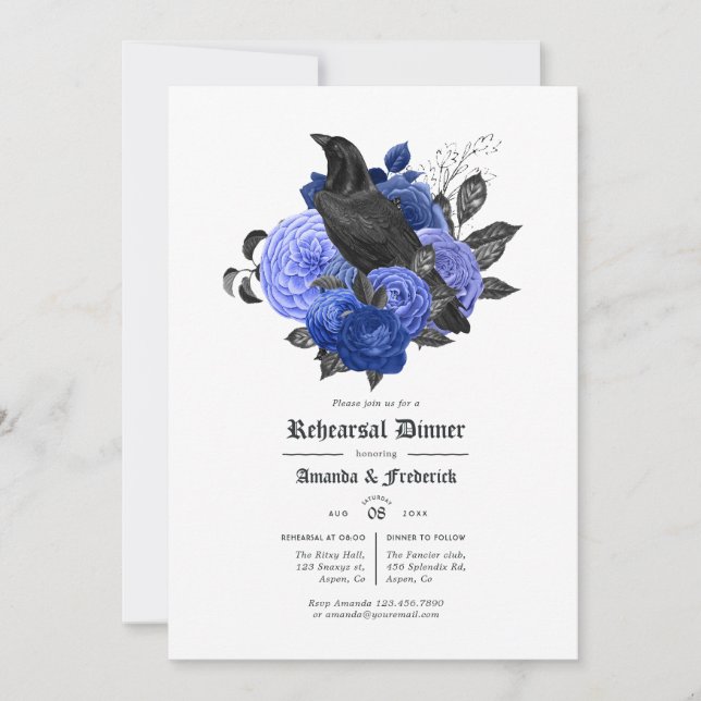 Glam Royal Blue Raven Gothic Rehearsal Dinner Invitation (Front)
