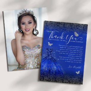 Glam Royal Blue Silver Glitter Quinceanera Photo Thank You Card