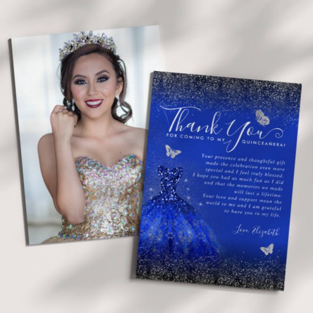 Glam Royal Blue Silver Glitter Quinceanera Photo Thank You Card (Creator Uploaded)