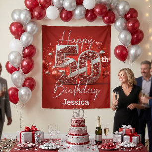 Glam Ruby Red and Silver Sparkle 50th Birthday Tapestry