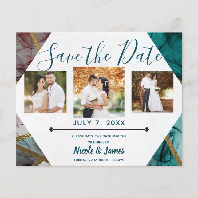 Glam Rust Blush Teal & Gold Chic Modern Save Date (Front)