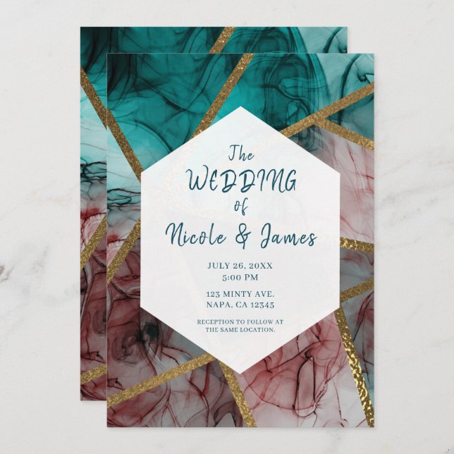 Glam Rust Blush Teal & Gold Chic Modern Wedding Invitation (Front/Back)