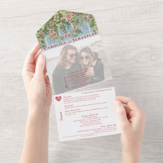 Glam Rustic Arch Rose Garden Photo Overlay Wedding All In One Invitation (Tearaway)