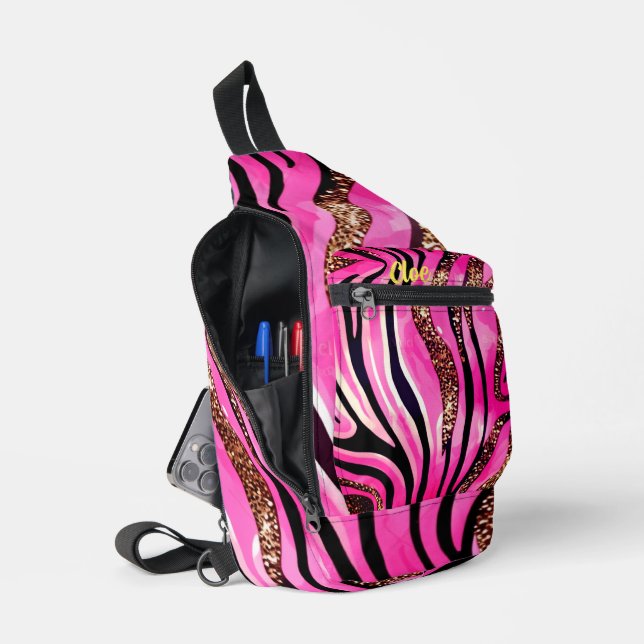 Glam Safari Sling Bag - Pink Gold Glitter Stripes (Open)