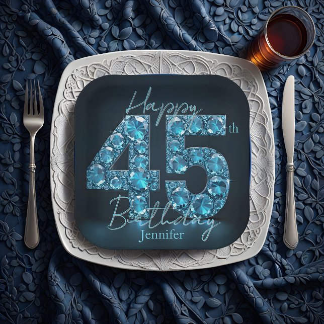 Glam Sapphire Blue & Black Gemstone 45th Birthday Paper Plate (Creator Uploaded)