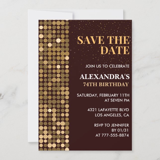 Glam Save the date Gold 74th birthday invitations  (Front)