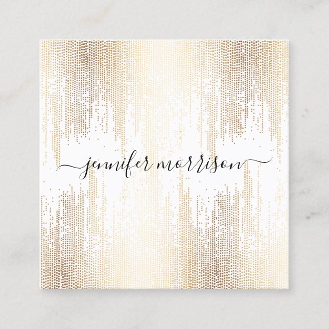 Glam Script Gold Confetti Rain Square Business Card (Front)