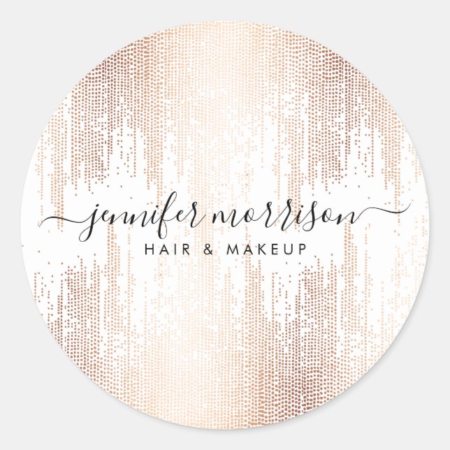 Glam Script Rose Gold Confetti Rain Classic Round Sticker (Front)