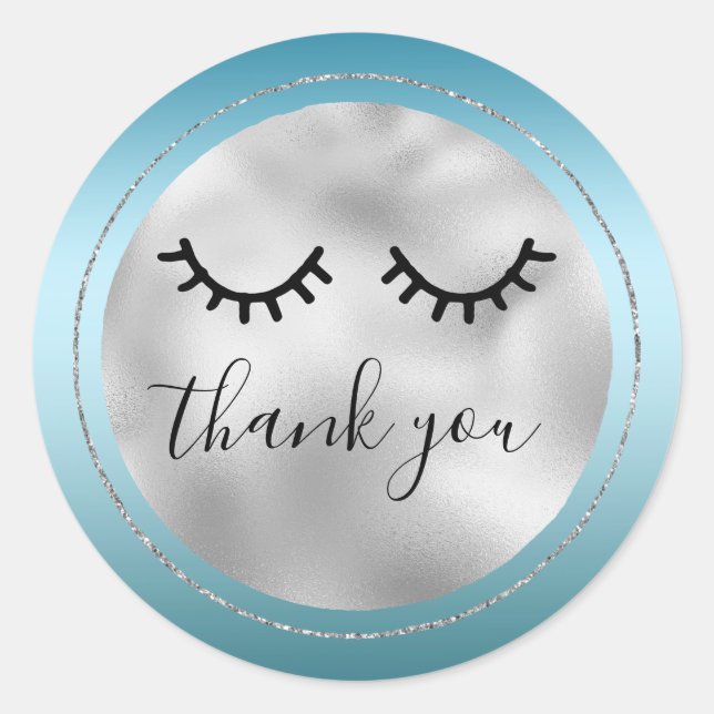 Glam Silver Aqua Black Eyelashes Thank you Classic Round Sticker (Front)