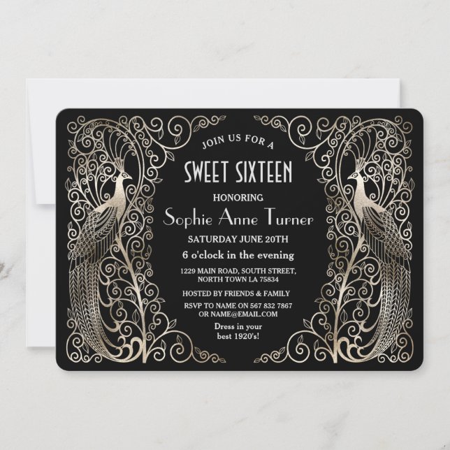 Glam Silver Art Deco Peacocks Sweet Sixteen Party Invitation (Front)