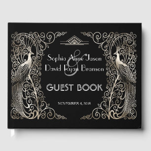 Glam Silver Art Deco Peacocks Wedding Guest Book