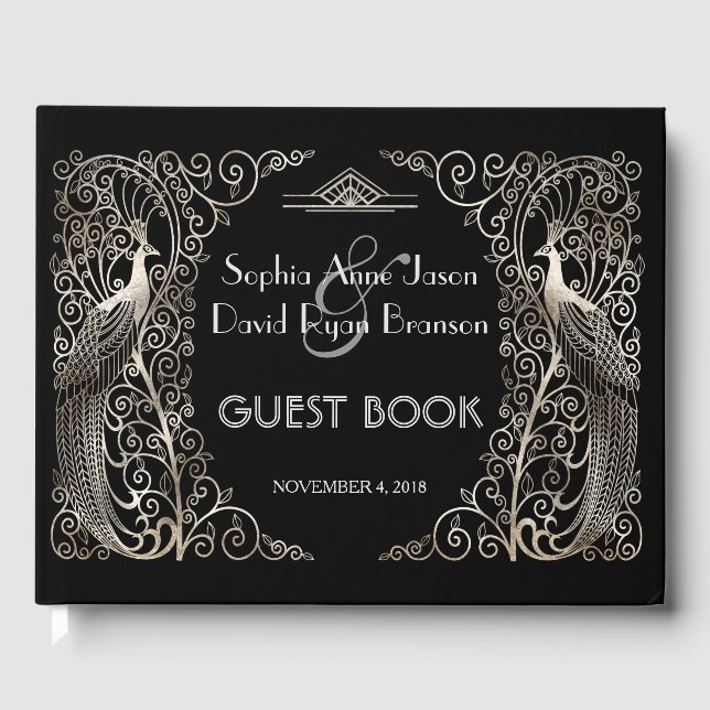 Glam Silver Art Deco Peacocks Wedding Guest Book (Front)