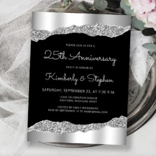 Glam Silver Black 25th Anniversary Invitation Postcard